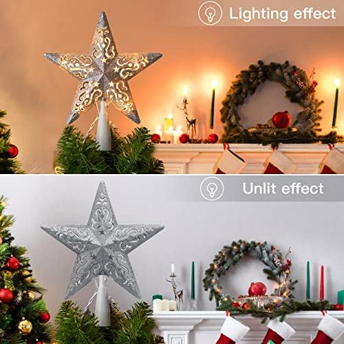 8 ”božićna zvjezdana stablo Topper Silver Svjetlena zvijezda Topper ugrađena u 10 žarulja String Lights 3d Star Treetop Utipka