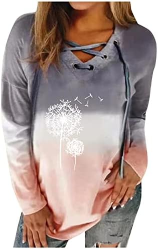 Ženska majica s gradijentnim naramenicama s izrezom u obliku slova u, tunika dugih rukava s bočnim prorezom, vrhovi, ležerni