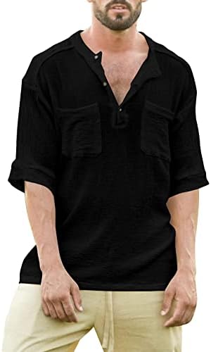 XXBR muški košulje s pamučnim lanenim rukavima, ljetna Henley majica prednji plakat dvostruki džepovi casual plaže vrhovi