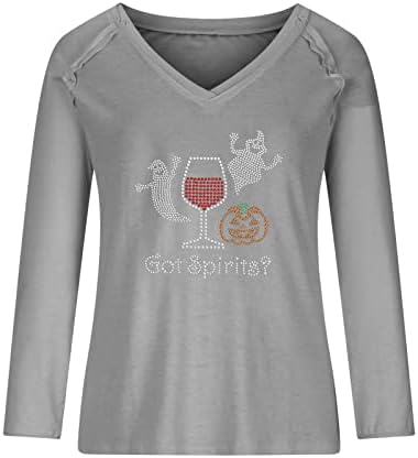 Ženska kauzalna majica Rhinestones vina čaša print V-izrez s dugim rukavima jesen dnevna majica košulja pulover bluza bluza