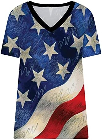 Bluze s kratkim rukavima za žene vneck lopova vrata neovisnost Dan zastave zvjezdane grafičke ležerne bluze košulje tinejdžerice