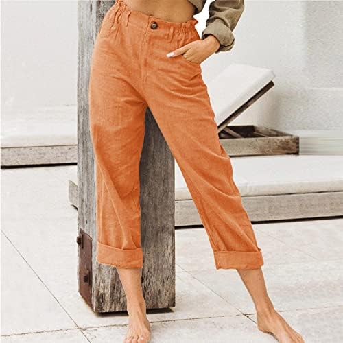 Wocachi Capri hlače za žene, čvrste lanene gumbe elastični struk kotrljaju se hlače ljetne obrezane palazzo dno hlača