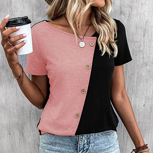Ženske ljetne košulje Boja Blok hladna ramena vrhovi kratkih rukava ležerni okrugli gumbi za vrat majice labava fit bluza