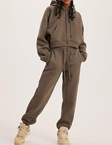 Flygo Womens Fleece 2 komada odjeća za znoj Crop Pulover Twicgers Joggers hlače set trenerke