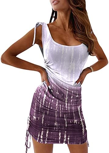 Žene Ljetna mini haljina bez rukava seksi kvadratna ovratnika tiskana nisko izrezana kravata haljina