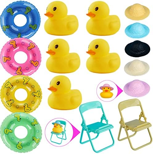 5 PCS žutih gumenih patki s slamnim šeširima i 4 kostiju 2 sklopiva stolica, mini kupke igračke škljotrene kade patke kade
