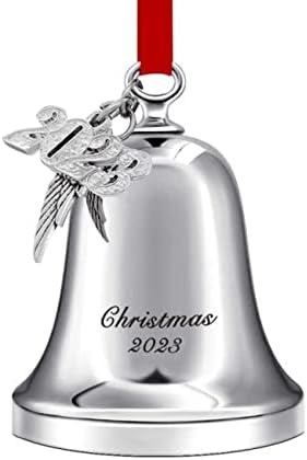 Ornament božićnog zvona Iron Posađeno zvono s crvenom vrpcom savršeni godišnji ukras božićnog drvca 2023 (srebro