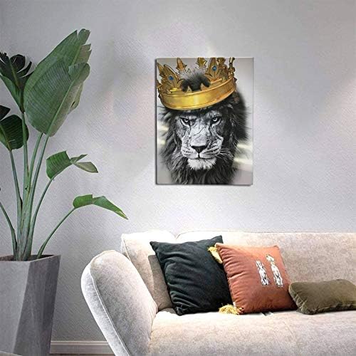 Crno -bijeli lav s Crown platnu zidna umjetnost Sažetak kraljevske umjetničke umjetnike za životinje Lion Portret Zlato Moderno