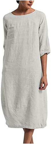 Brkewi Womens 3/4 kaftanske haljine rukave, plus veličine pamučne lanene majice haljine morandi u boji Crewneck casual swing