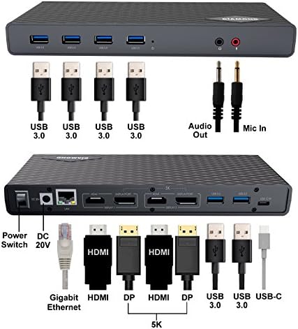 Diamond Multimedia USB 3.0, USB-C, Thunderbolt 3.Univerzalni priključak za prijenosno računalo, dvostruki 4-inčni na 60Hz,