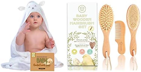 Keababies bambusov kapuljača s kapuljačom ručnik i četkica za kosu Set Skupak - Osnove za dječju kupku - Organski ručnik