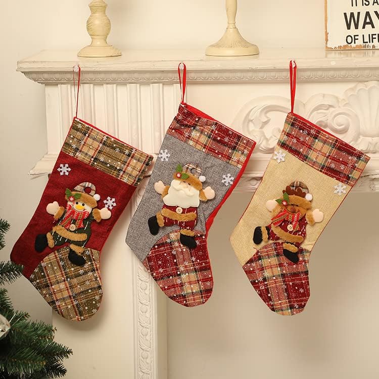 eoefou božićna čarapa Klasična velika čarapa Djed Mraz, snjegović, jezgre božićni lik 18in burlap plad božićna čarapa za