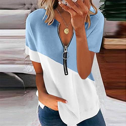 evzosrz ženska boja blok pola zatvarača kratki rukavi tunika vrhovi majica pulover-vrat majica ljetna bluza