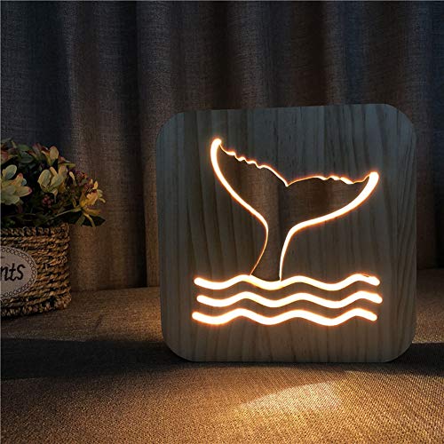Kreativna drvena svjetiljka, LED noćno svjetlo/3D rezbarenje drveta uzorak kita s repom USB prijenos lampica za noćnu sobu