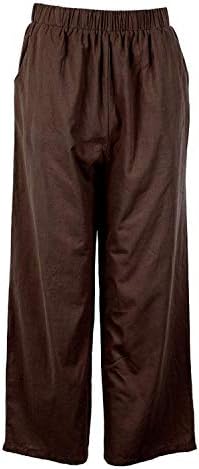 Ženske Ležerne široke pamučne i lanene hlače s elastičnim elastičnim strukom, široke hlače široke široke hlače s džepovima