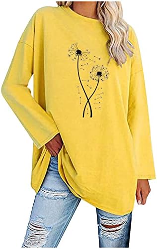 Žute ženske majice majice dugih rukava Košulja brod vrat maslačak cvjetni print labavi fit ljetni jesen majice 2023 da xl
