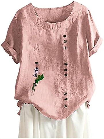 Preveliki platneni vrhovi za žene cvjetni gumb za ispis majica okrugli vrat kratki rukavi majice labave fit ljetne bluze
