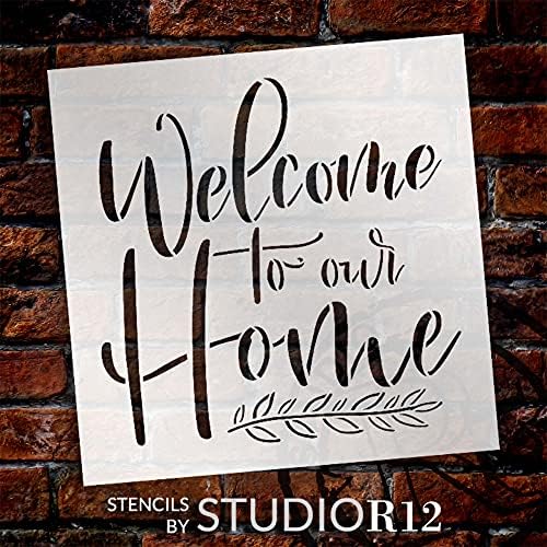 Dobrodošli u naš kućni scenarij Script Studior12 | Craft DIY Farmhouse Decor Decor | Paint Obitelj Wood Sign | MyLar predložak