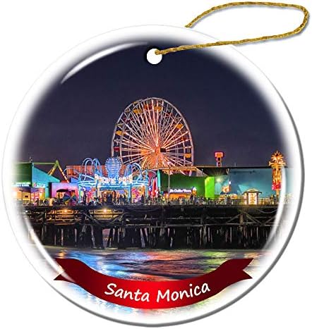 Fhdang dekor Santa Monica Kalifornijski božićni ukras Porculan dvostrani keramički ukras, 3 inča