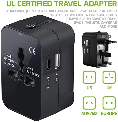Travel USB Plus International Power Adapter kompatibilan s LG G Stylo za svjetsku energiju za 3 uređaja USB Typec, USB-A