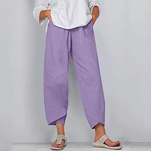 Zhuer ženske pamučne lanene hlače ljetne elastične hlače visoki struk široke noge labave udobne hlače s džepovima palazzo