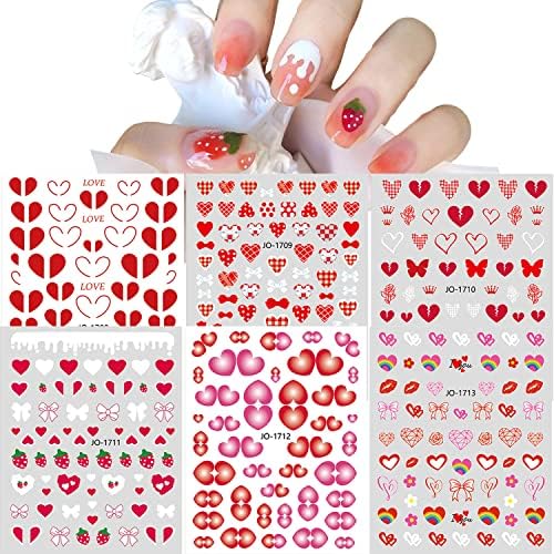6 listova naljepnica za dizajn noktiju za Valentinovo, 3ND samoljepljiva crvena srca s ljubavlju za Valentinovo, pribor za