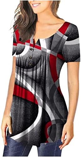 Elegantni vrhovi za žene geometrijski tisak modni tunični vrhovi kratki rukavi casual henley bluze botton up majice