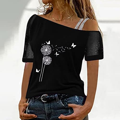 Ženski maslačak print mreža s kratkim rukavima Hladna majica za spajanje na ramenu Elegantna bluza casual labavi tunični