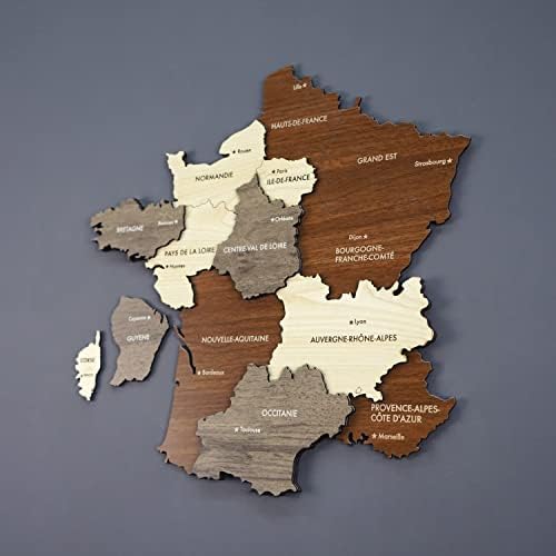 Šareni svjetovi višeslojni drveni 3D karta Francuske, poklon za francuski, francuski drveni zidni dekor, karta za putnika