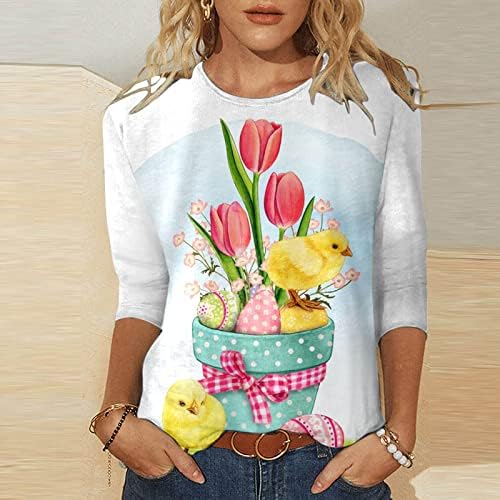 Uskrsna košulja od 3/4 za žene cvjetne pileće tiskane majice gornji okrugli vrat casual pullover jaja majica za bejzbol