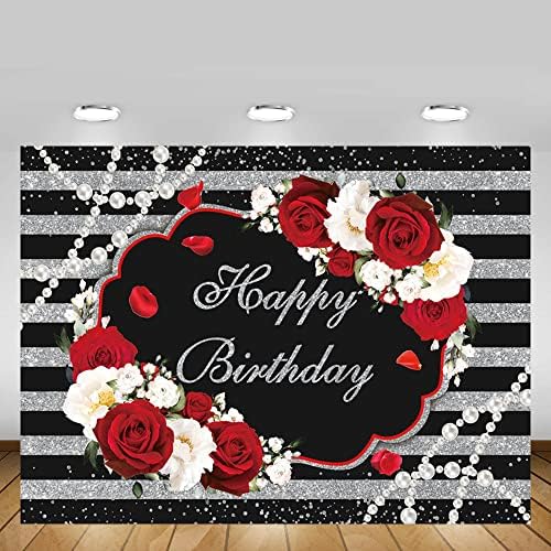 Mehofond sretni rođendan pozadina za žene ukrasi za zabavu crvene i bijele ruže biser crne klizačke pruge foto kabine pozadine