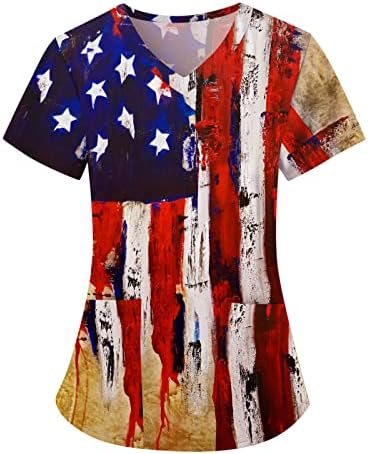 Dan neovisnosti Radeći vrhovi Žene američke zastave majice Zvijezde pruge kratki rukavi V vrat 4. srpnja džep