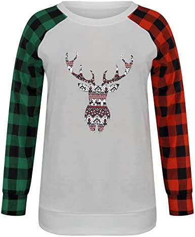 Sretan božićni pulover vrh za žene karirani patchwork dugi rukavi božićno drvce za tisak majice labave ležerne bluze