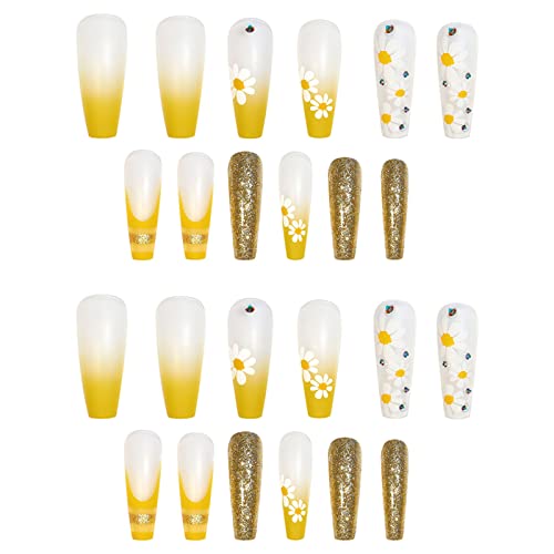 Lažni nokti dugi balet s punim pokrivanjem uključeno ljepilo gradijentno žuto cvijeće za lijepljenje na nokte 24 komada savjet