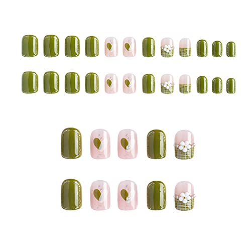 Kliknite na nokte Kratki, 24 kom sjajni zeleni umjetni nokti u obliku srca s cvijećem i biserima za salon umjetnosti noktiju