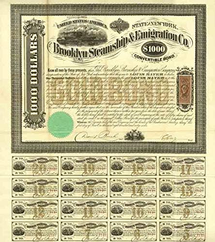 Brooklyn Steamship and Emigration Co. Obveznica od 1000 dolara