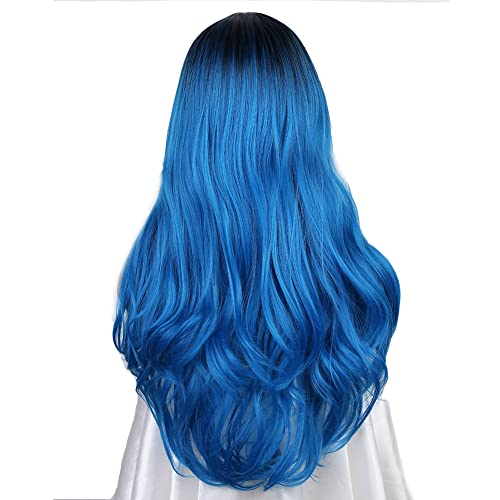 Neobična Ombre kosa plava perika plavkasto-tirkizne Perike duga kovrčava valovita kosa Perike otporne na toplinu 2 tona Tamni