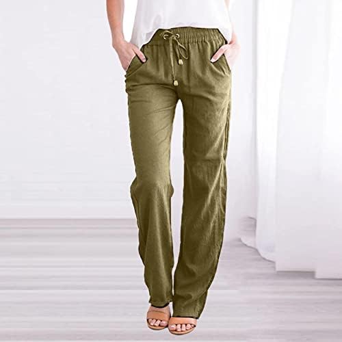 Pamučne lanene hlače ženske ljetne Ležerne hlače s džepovima, labave kravate, jednobojne elastične udobne hlače za plažu