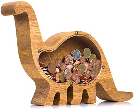Dinosaur Piggy Bank za dječake djevojčice - izdržljiv i praktični kutija za uštedu novca - prirodno hrastovo drvo W prozirna