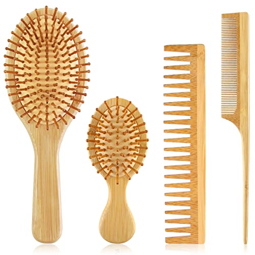 Set četkica za kosu od bambusa od 4 komada s češljem od prirodnog drveta sa širokim zubima i repom, velikim i mini češljem