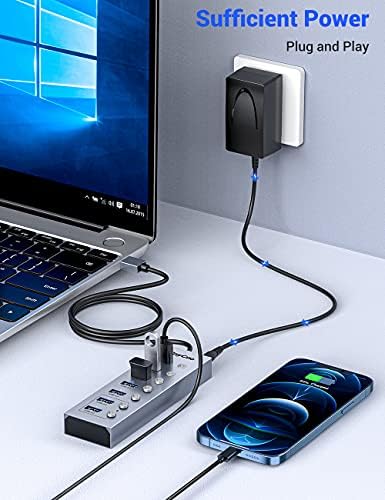 Hub USB 3.0 priključak s napajanjem, aluminijski 7-portni USB razdjelnik za prijenos podataka s ac adapterom 5 / 3 A i individualnim
