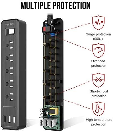 Power Strip, SuperDanny 5-Outlet Surge Protector, 3 USB priključaka, 4,5 ft produžni kabel, 900 Joules, USB C punjač 70W