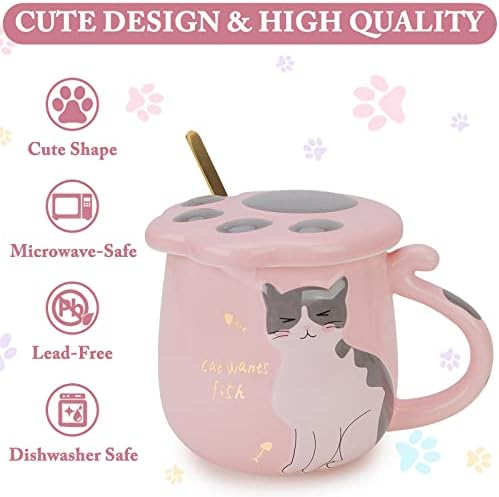 KitchenExus Slatka šalica za kavu, keramička čajna šalica s ljupkim kapkom i žlicom od nehrđajućeg čelika za ljubitelje mačaka